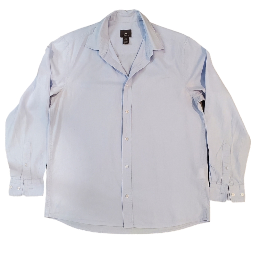 H&M Regular Fit Linen Shirt Mens Blue Size Medium Long Sleeve Button Down Shirt